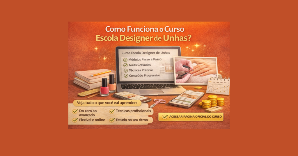Como funciona o curso Escola Designer de Unhas acesso online, módulos passo a passo e estudo no próprio ritmo