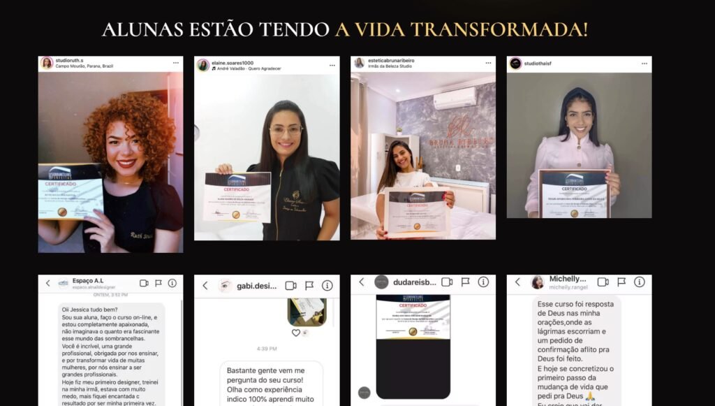 Depoimentos de alunas do curso sobrancelhas perfeitas Jéssica Soares mostrando resultados e satisfação com o aprendizado