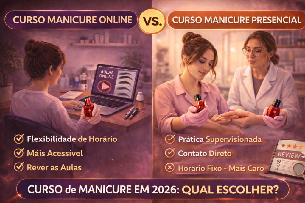 Imagem comparativa entre curso de manicure online e presencial em 2026, mostrando vantagens como flexibilidade, prática supervisionada e custo-benefício.
