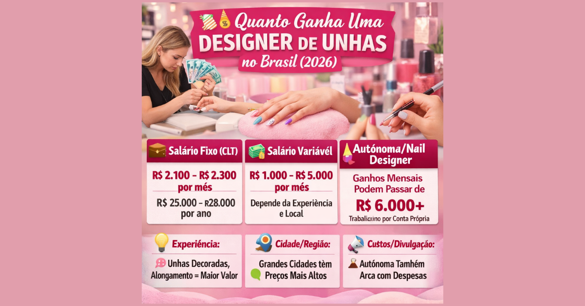 💅 Descubra quanto ganha uma Designer de Unhas no Brasil em 2026! Os valores variam conforme experiência, cidade e se a profissional trabalha como CLT ou autônoma. Em alguns casos, os ganhos podem ultrapassar R$ 6.000 por mês.
