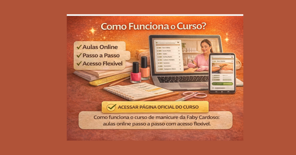 Como funciona o curso de manicure Faby Cardoso com aulas online passo a passo e acesso flexível pela internet.