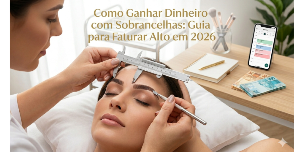 Banner com o título "Como Ganhar Dinheiro com Sobrancelhas: Guia para Faturar Alto em 2026" mostrando uma designer usando paquímetro em uma cliente, com notas de Real e agenda ao fundo.