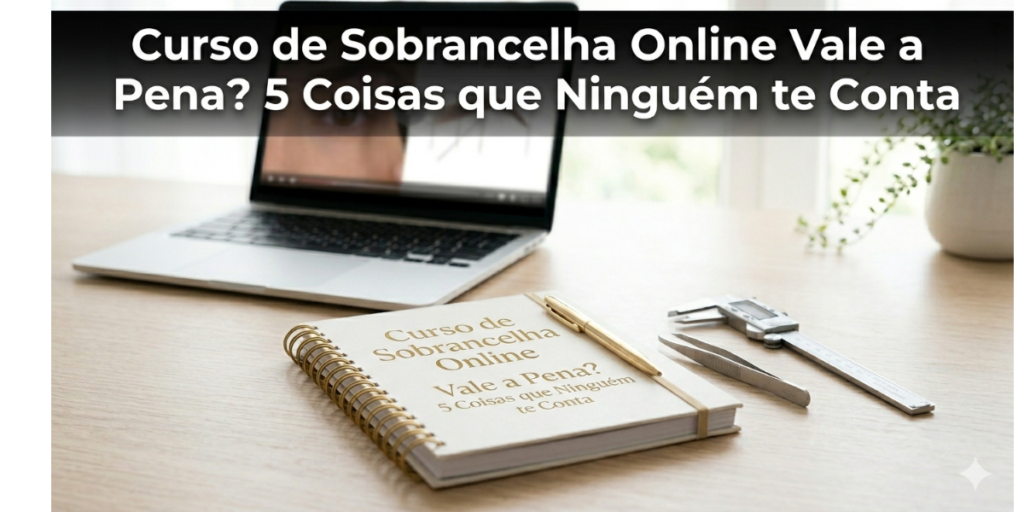 Banner com o título "Curso de Sobrancelha Online Vale a Pena? 5 Coisas que Ninguém te Conta" sobre imagem de notebook com aula de design e materiais de trabalho.