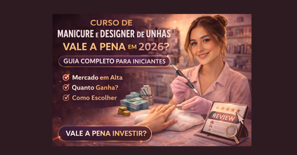 Imagem promocional sobre curso de manicure e designer de unhas em 2026 mostrando profissional realizando atendimento e destacando informações sobre mercado, ganhos e escolha do melhor curso.