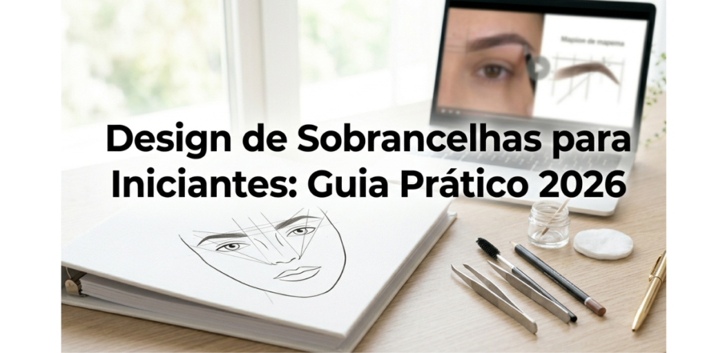 : Banner com o título "Design de Sobrancelhas para Iniciantes: Guia Prático 2026" sobre imagem de notebook com aula de mapeamento e kit de design prático.