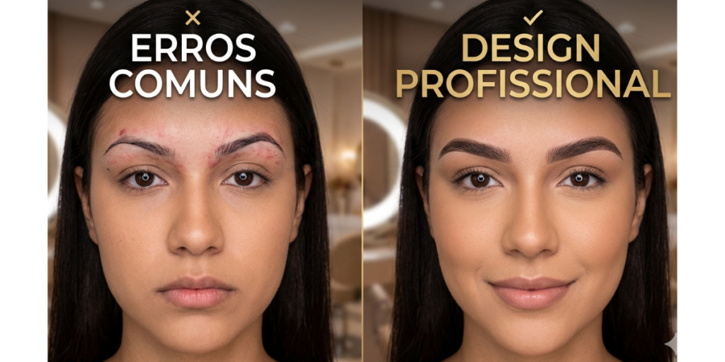 Comparativo de erros comuns ao fazer a sobrancelha e design profissional simétrico com técnica de visagismo.