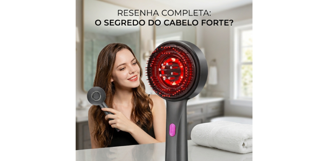 Aparelho eletrônico de terapia capilar 3 em 1, na cor cinza escuro com detalhes em rosa, exibindo uma luz LED vermelha brilhante no bocal e cerdas massageadoras, apoiado em um balcão de banheiro moderno e iluminado.