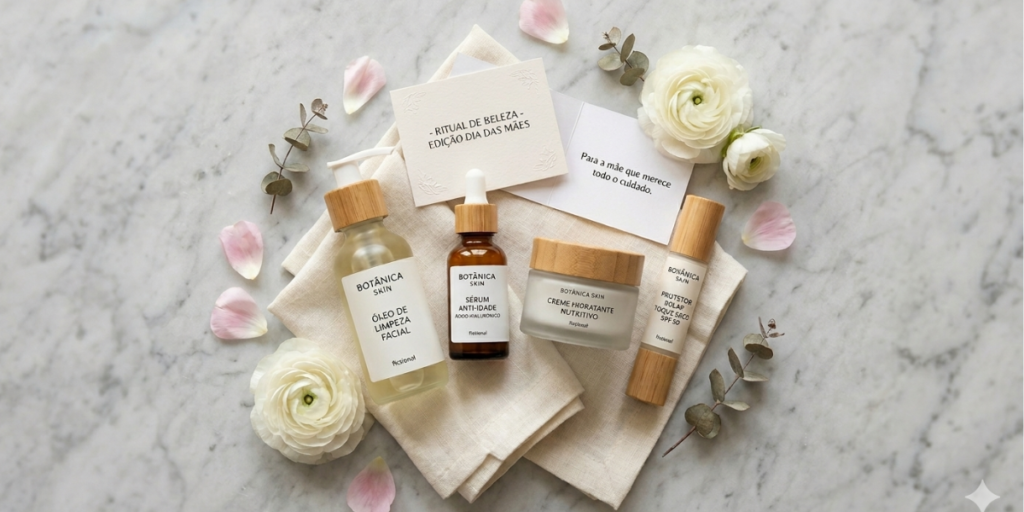 Kit de skincare completo para presente de Dia das Mães, contendo óleo de limpeza, sérum anti-idade com ácido hialurônico, creme hidratante nutritivo e protetor solar toque seco, dispostos em bancada de mármore com flores brancas e cartão comemorativo.