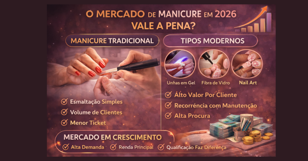 Comparação entre manicure tradicional e técnicas modernas em 2026, mostrando crescimento do mercado e maior valorização de serviços como gel e fibra de vidro.