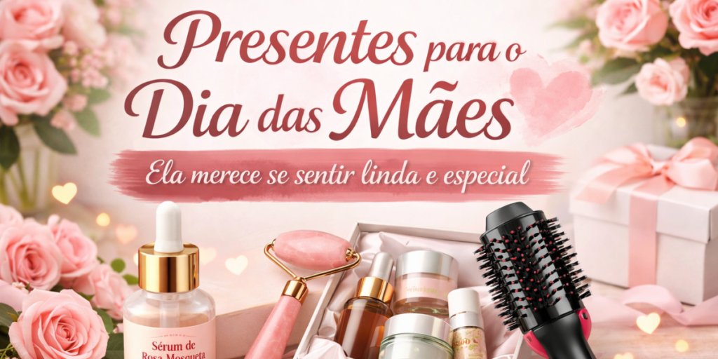 Presentes para o Dia das Mães com produtos de estética como sérum de rosa mosqueta, massageador facial, kit skincare e escova secadora em fundo delicado rosa
