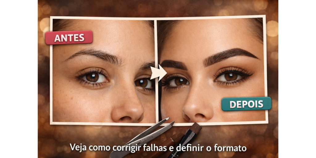 Antes e depois de sobrancelha com correção de falhas e definição do formato mostrando transformação com design profissional