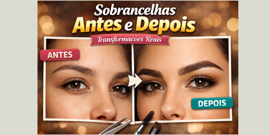 Sobrancelhas antes e depois com transformação real mostrando resultado de design profissional e correção de falhas