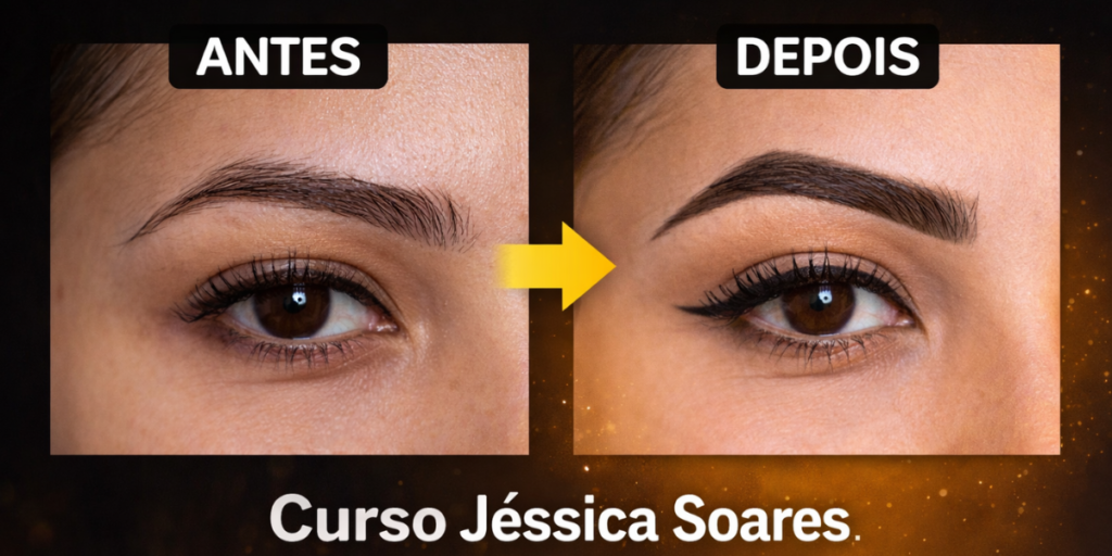 Antes e depois de sobrancelhas perfeitas com design profissional, mostrando resultado do curso Jéssica Soares e transformação real